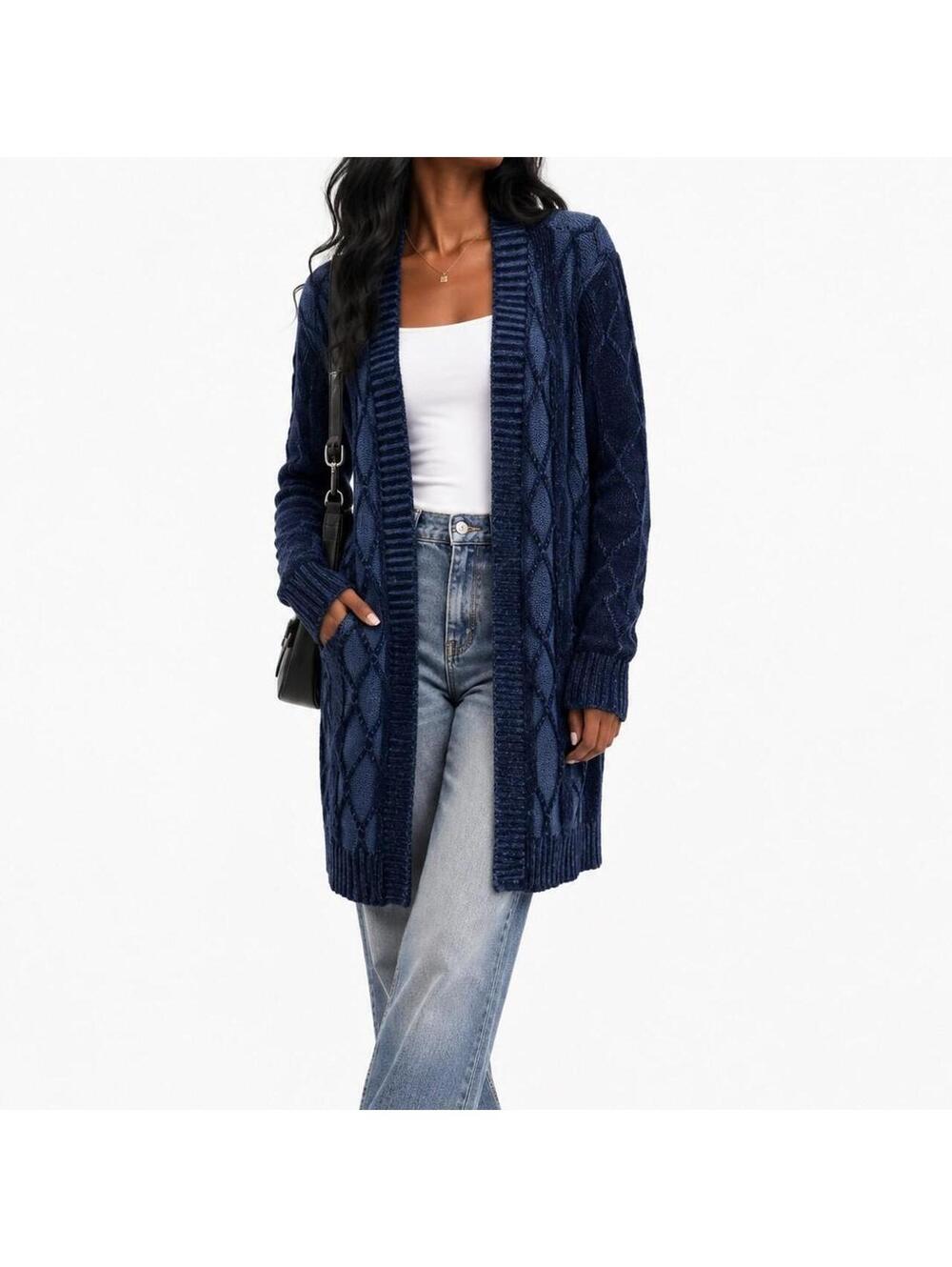 Ecru Navy Heavyweight Cable Knit Longline Cardigan - Size L